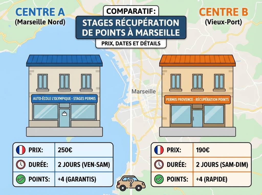 Stage récupération points permis Marseille : comparatif des centres, tarifs et déroulé du stage